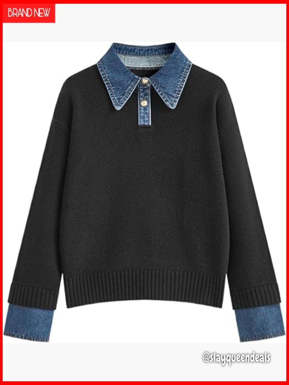 Oversized Denim Collar Pullover Sweater V-Neck Long Sleeve Knit Top